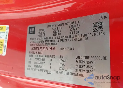 2016 GMC Sierra 1500 from USA, damaged, VIN 1GTN2LEC2GZ418585